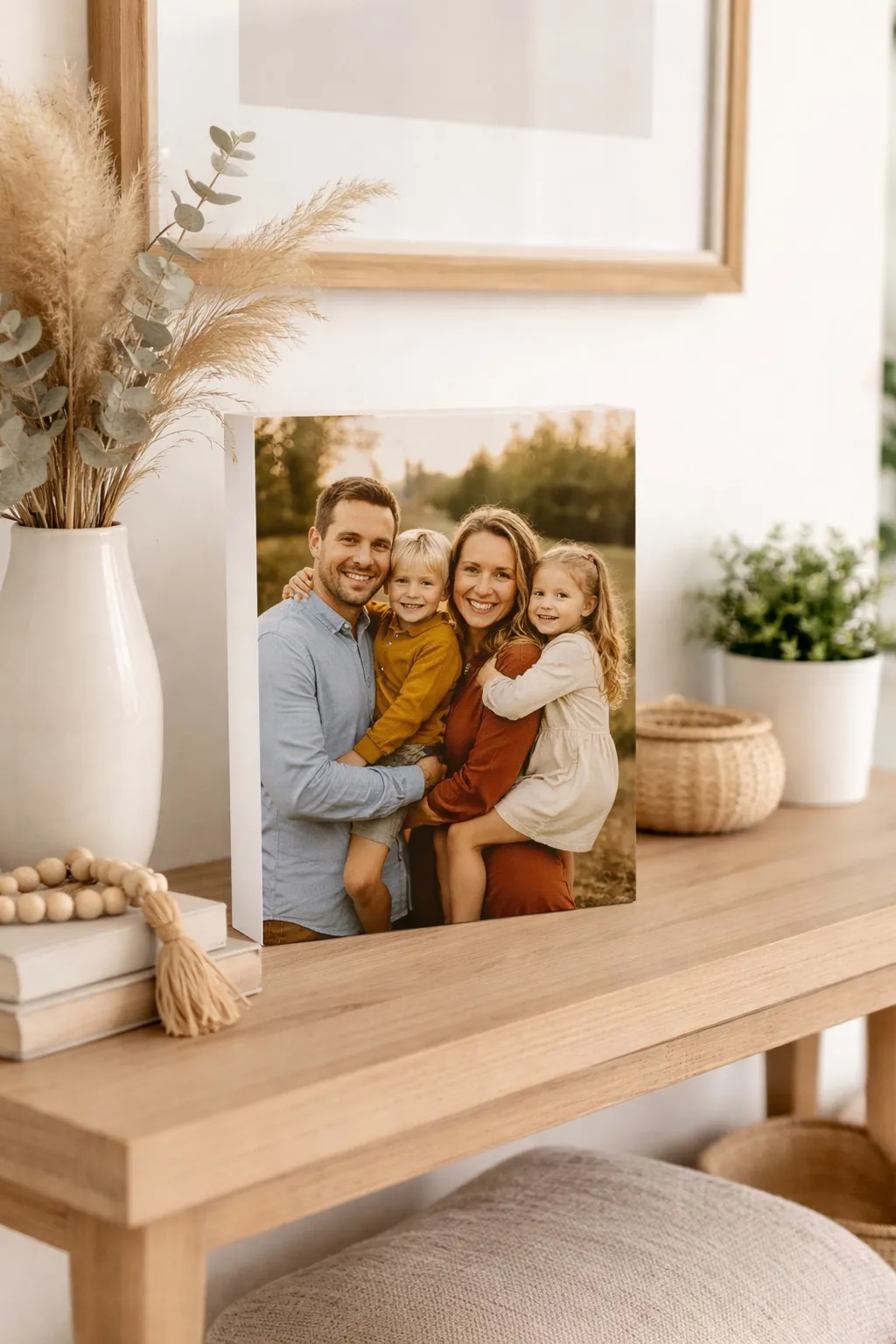 Family photo printed on a premium photo bloc displayed on a shelf